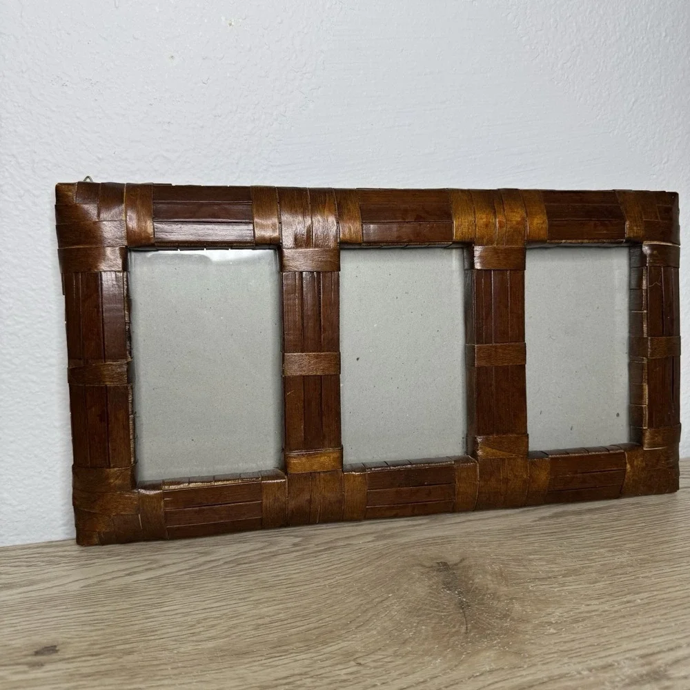 Pier‎ 1 3 Photograph Slots 4x6 Wall Frame Brown Woven Rattan Wood Boho Coastal